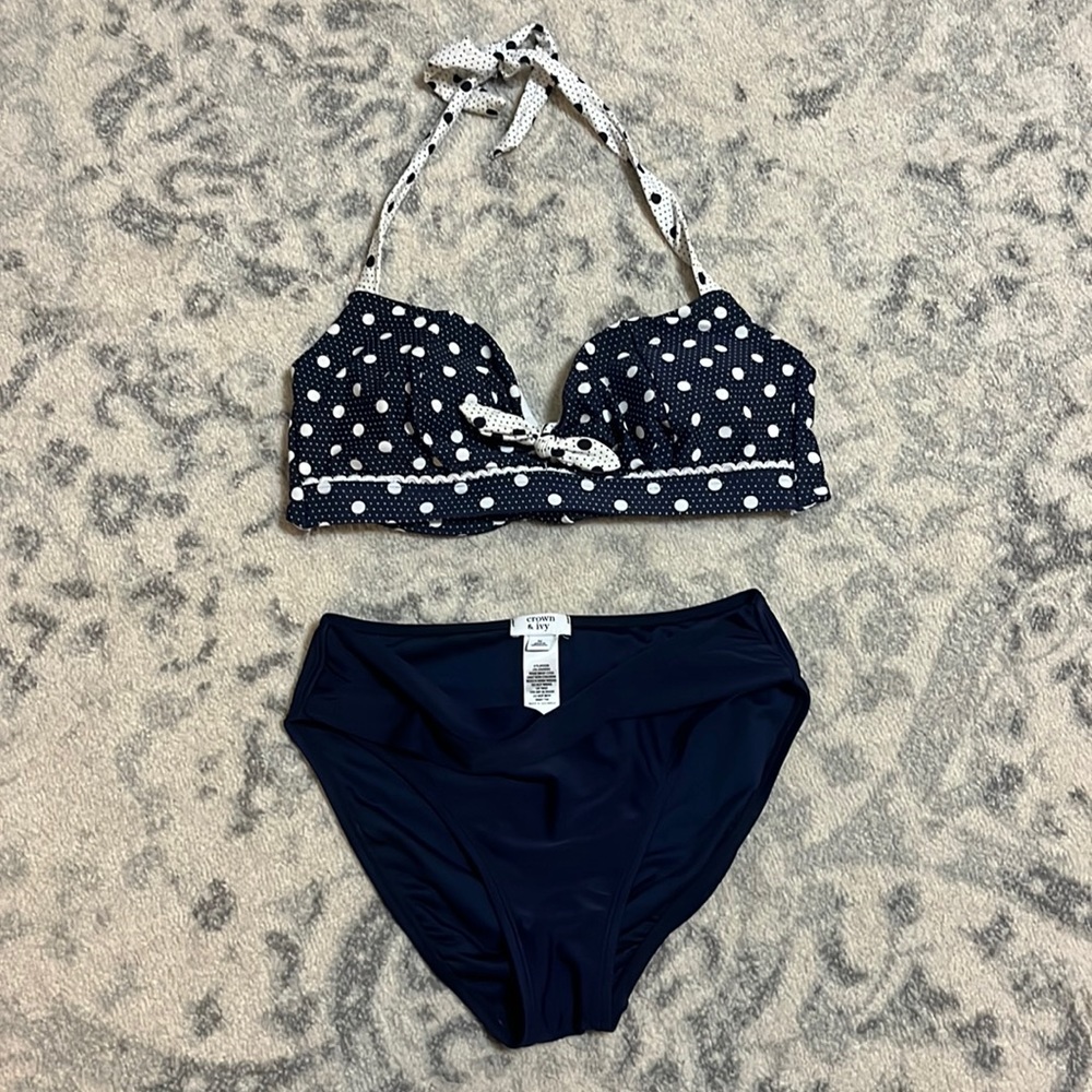 Crown & ivy navy and white polka dot bikini